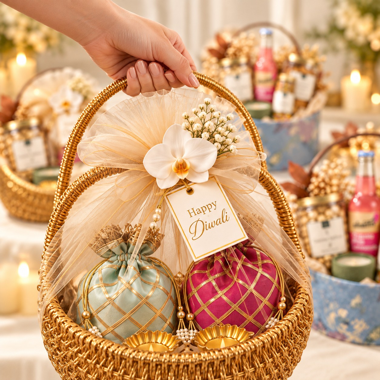 A hand lifting a woven gold hamper finished with a tulle bow, orchid, potlis and gold diyas
