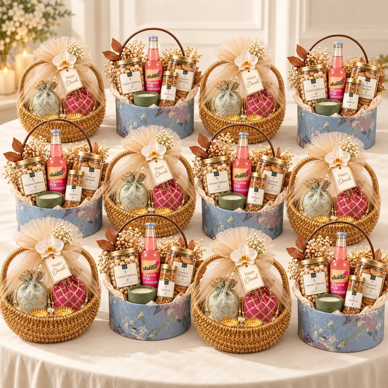 A table of Studio 44 Diwali hampers — woven gold baskets and blue floral-print boxes arranged in rows