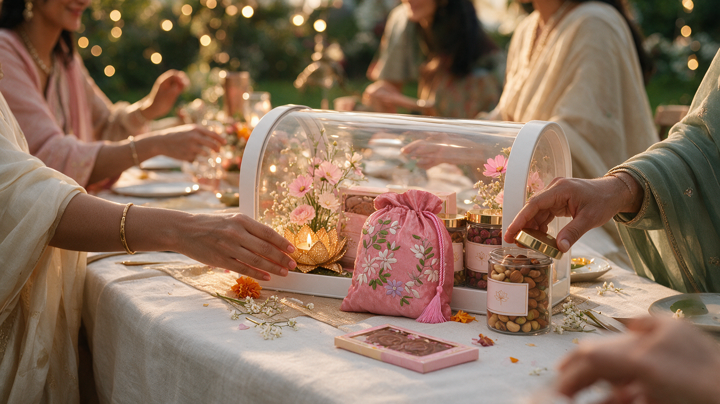 A Studio 44 Gardenia hamper with a pink embroidered potli, lotus diya and dry-fruit jars shared around a festive table