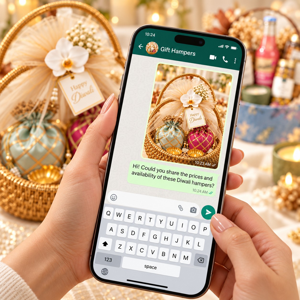 A phone showing a WhatsApp enquiry about Diwali gift hampers, with hampers on the table behind